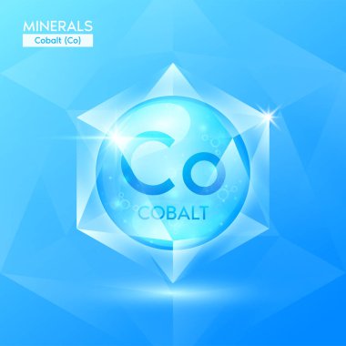 Mavi kristal taş şeklinde kobalt mineralleri. Beslenme tasarımı ürünleri için doğal parlak yüzeydeki mineral kristalleri yiyecek ve sağlık için ilaç. Bilimsel tıbbi konsept. 3B Vektör.