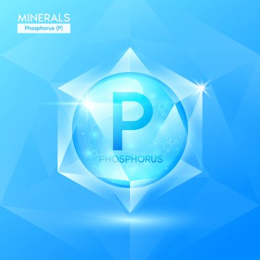 Mavi kristal taşlar şeklinde fosfor mineralleri. Beslenme tasarımı ürünleri için doğal parlak yüzeydeki mineral kristalleri yiyecek ve sağlık için ilaç. Bilimsel tıbbi konsept. 3B Vektör.