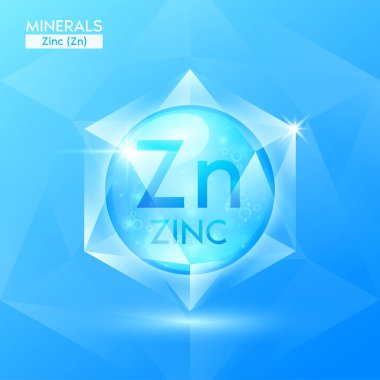 Mavi kristal taş şeklinde çinko mineraller. Beslenme tasarımı ürünleri için doğal parlak yüzeydeki mineral kristalleri yiyecek ve sağlık için ilaç. Bilimsel tıbbi konsept. 3B Vektör.