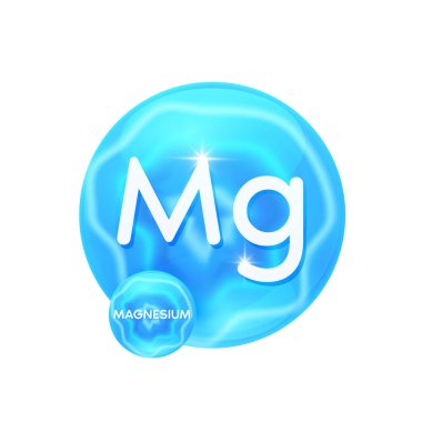 Magnezyum mineralleri sağlık vücuduna gerekli vitaminleri sağlar. Beslenme tasarımı ürünleri yiyecek ve ilaç için beyaz zemin üzerinde mavi kristaller. Bilimsel tıbbi konsept. 3B Vektör.