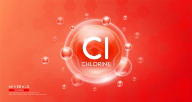 Havada yüzen kırmızı baloncuğun içindeki klor mineralleri. Sağlık hizmetleri için vitamin kompleksi. Beslenme ve ilaç için. Bilimsel tıp konsepti. Sancak 3 boyutlu vektör.