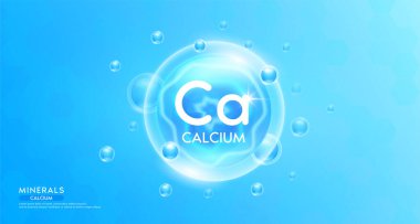 Mavi kabarcığın içinde havada yüzen kalsiyum mineralleri. Sağlık hizmetleri için vitamin kompleksi. Beslenme ve ilaç için. Bilimsel tıp konsepti. Sancak 3 boyutlu vektör.