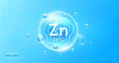Havada süzülen mavi balonun içindeki çinko mineraller. Sağlık hizmetleri için vitamin kompleksi. Beslenme ve ilaç için. Bilimsel tıp konsepti. Sancak 3 boyutlu vektör.