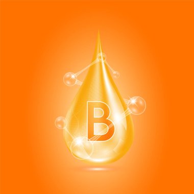 B vitamini kollajen serumu. Karanlık arka planda su damlası izole edilmiş. Solüsyon kompleksi turuncu, molekül oksijen kabarcıkları etrafını sarmış. Güzellik derisi kozmetik. Tıbbi kavramlar. 3B Gerçekçi Vektör.