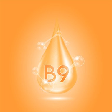 B9 vitaminleri, koyu arka planda izole edilmiş su damlası serumu. Solüsyon kompleksi turuncu, molekül oksijen kabarcıkları etrafını sarmış. Güzellik derisi kozmetik. Tıbbi kavramlar. 3B Gerçekçi Vektör.