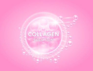 Pembe kolajen solüsyonu DNA molekülü ile çevrilidir. Hyaluronik Asit ve Nemlendirici Vitamin serumu cilt bakımı sağlık için gereklidir. Kozmetik ya da güzellik beslenmesi için. Vektör EPS10.