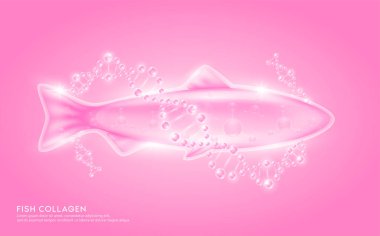 Pembe balık kolajen peptit solüsyonu DNA molekülü ile çevrilidir. Doğa balığından elde edildi. Hyaluronik Asit ve Nemlendirici Vitaminler, serum cilt bakımı. Kozmetik ya da güzellik beslenmesi için. Vektör EPS10.