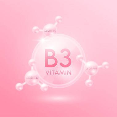 B-3 vitamini ve Lecithin amino asitleri. Kolajen serumu pembe cilt bakımı. Kimyasal formüllü güzellik kozmetiği için. Tıbbi bilimsel konsept. 3B Vektör.
