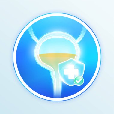 Sağlık bakımı mesanesi insan iç organları. Mavi kalkanda tıbbi semboller ve yeşil düğmede işaretler. Gıda ve ilaç ürünleri tasarımı etiketleri. Vektör EPS10.