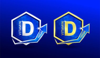 Alüminyum altın ve gümüş şeklindeki alüminyum oklu D vitamini. Tasarım besleyici ürünler için kullanılır. Mavi arka planda mineral etiketi sembolü logosu 3D. Vektör EPS10.