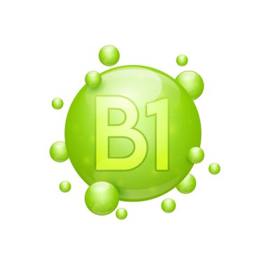 B1 vitamini kapsülleri yeşil besin mineralleri içerir ve bu vücut için gereklidir. Cilt bakımı için vitamin kompleksi kozmetik beslenme takviyesi tasarımı. Tıbbi kavramlar. Beyaz arka planda 3D simgesi. Vektör.