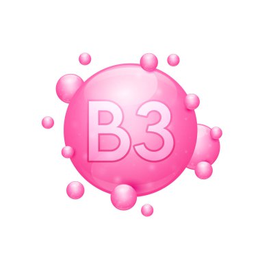 B3 vitamini kapsülleri vücuda gerekli olan pembe besin mineralleri içerir. Cilt bakımı için vitamin kompleksi kozmetik beslenme takviyesi tasarımı. Tıbbi kavramlar. Beyaz arka planda 3D simgesi. Vektör.