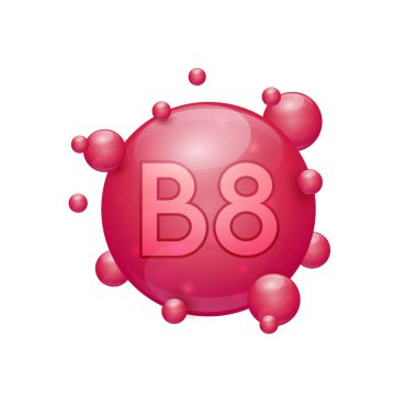 B8 vitamini kapsülleri kırmızı besin mineralleri vücudun olmazsa olmazıdır. Cilt bakımı için vitamin kompleksi kozmetik beslenme takviyesi tasarımı. Tıbbi kavramlar. Beyaz arka planda 3D simgesi. Vektör.