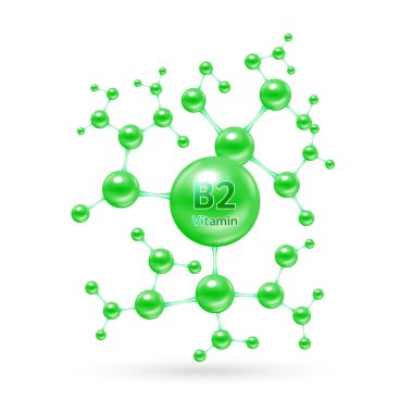B2 vitamini kompleksi ve moleküler formda mineraller. Eczane reklamı için diyet takviyesi. Bilim doktoru konsepti. Beyaz arka planda yeşil vitamin izole edilmiş. Vektör EPS10.
