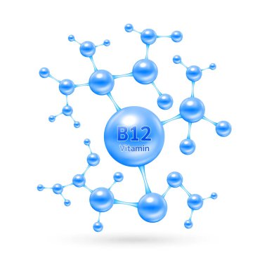 B12 vitamini kompleksi ve moleküler formda mineraller. Eczane reklamı için diyet takviyesi. Bilim doktoru konsepti. Beyaz arka planda mavi vitamin izole edilmiş. Vektör EPS10.