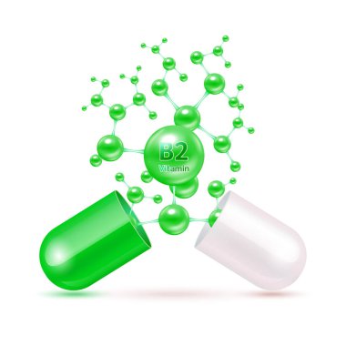 Kapsülde B2 vitamini var. Temel vitaminler karmaşık ve mineraller moleküler formda. Eczane reklamı için diyet takviyesi. Tıbbi konsept. Vektör EPS10.