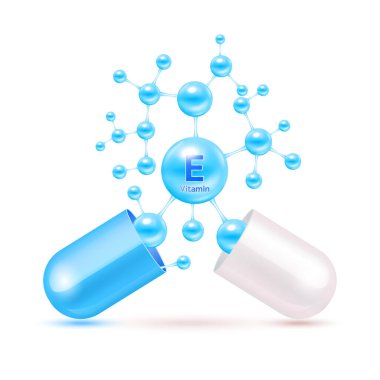 E vitamini mavi kapsülde. Temel vitaminler karmaşık ve mineraller moleküler formda. Eczane reklamı için diyet takviyesi. Tıbbi konsept. Vektör EPS10.