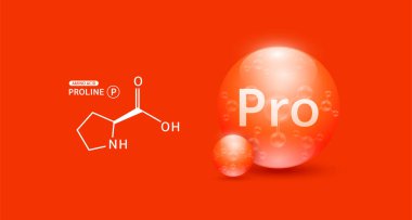 Proline amino acid red and chemical formula structural. Biomolecules that combine to form proteins nutrients necessary for health muscle. For dietary supplements ads. Medical scientific. Vector. clipart