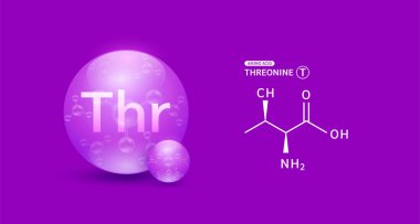 Threonine amino acid purple and chemical formula structural. Biomolecules that combine to form proteins nutrients necessary for health muscle. For dietary supplements ads. Medical scientific. Vector. clipart