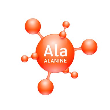 Alanine amino asit. Proteinleri oluşturmak için birleşen moleküller sağlıklı kas için gerekli besinleri oluşturur. Biyomoleküller, reklamlar için 3 boyutlu kırmızı besin takviyeleri. Tıbbi bilimsel kavramlar. Vektör.