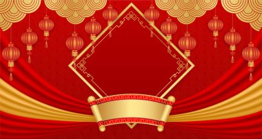 Mutlu Çin Yeni Yılı. Kırmızı arka planda altın fener ve kırmızı perde. Sancak tasarımı, ay takviminde boş yeri olan bir hayvan tasarımı. Çeşitli reklam medyası ya da tebrik kartları için. Vektör EPS10.