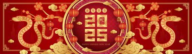 Mutlu Çin Yeni Yılı 2025. Kırmızı zemin üzerinde yılan altın zodyak çiçek bulutu ve festival afişi tasarımı için fener teng lang. Çevirisi mutlu yıllar 2024, yılan. Vektör.