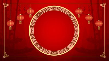 Mutlu Çin Yeni Yılı 2025. Kart tasarımı için dağ kırmızı zemininde bambu ağacı olan Çin yılanı burcu. Çin takvim hayvanı. Metin için boş alan. Vektör EPS10.