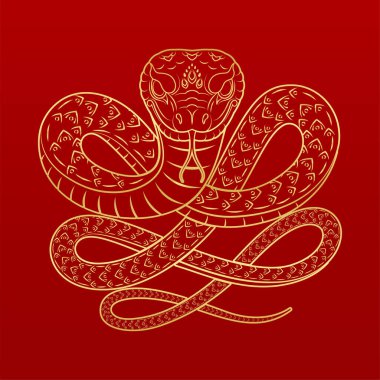 Çin yılan burcu. Kırmızı arka planda altın çizgiler. Kart tasarımı için medya ya da festival. Çin takvimindeki hayvan mutlu yıllar. Vektör EPS10 Görüntü.