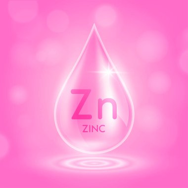 Su damlası çinko mineralleri pembe arka planda. Kolajen çözeltisi ya da vitamin karışımı. Kozmetik reklamları için. Vektör EPS10.