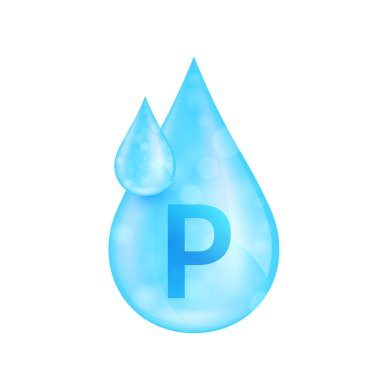 Fosfor mineralleri mavi damlalar. Çözüm, karmaşık vitaminler gereklidir. Beslenme takviyesi reklamları için beyaz arka planda su damlası. Tıp bilimi konsepti. Simge 3 boyutlu izole vektör.