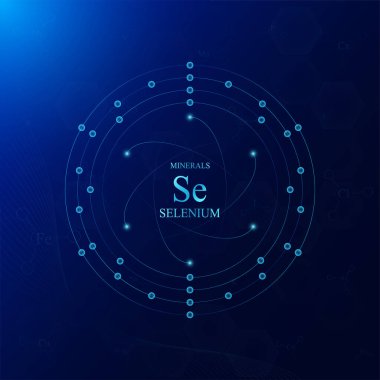 Selenyum minerallerinin moleküler atom kimyasal yapısı. Koyu mavi arka planda. Tıbbi bilimsel kavramlar. Vektör EPS10 illüstrasyonu.