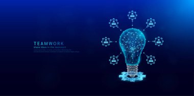 Ampuldeki beyin insan dijitali, çarkların üzerinde parlayan çokgen, insanların ikon dişlileriyle çevrili. Fikirlerinizi paylaşın iş yeri takım çalışması. Organizasyonun etkili bir işbirliği. Vektör.