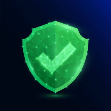 Koyu mavi arka planda çok gen şeklinde parlayan yeşil kalkandaki işaretleri kontrol et. Sembol onayı ya da güvenlik. Koruma konsepti. Vektör EPS10 illüstrasyonu.