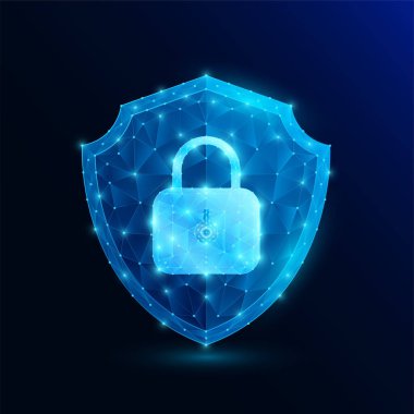 Kilit anahtarı mavi kalkanda koyu arkaplanda çokgen şeklinde parlıyor. Koruma sembolü. Güvenlik kavramı. Vektör EPS10 illüstrasyonu.