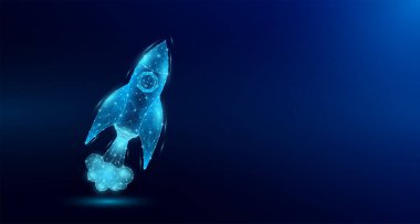 Dijital uzay roketini uzaya fırlatın. Çokgen düşük poligonal kablo biçimi. İş kurma konsepti ve hızla genişliyor. Metin için sancak boşluğu. Vektör EPS10.