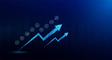 Dijital okla uzaya çıkmak ve yatırım simgelerini finanse etmek. Büyük bir yaratıcı başlangıç ürünü. Borsa büyümesi artıyor. İş planı projesi. Vektör EPS10.