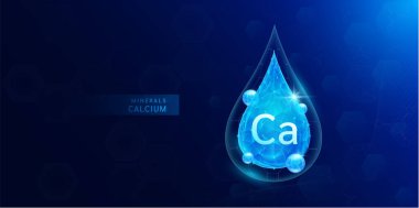 Mavi çokgen atomlu kalsiyum mineralleri. Sağlığı korumak ve bağışıklık kazanmak için vitamin kompleksi. Tıbbi bilimsel kavramlar. Sancak vektör illüstrasyonu.