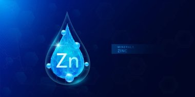 Mavi çokgen atomlu çinko mineraller. Sağlığı korumak ve bağışıklık kazanmak için vitamin kompleksi. Tıbbi bilimsel kavramlar. Sancak vektör illüstrasyonu.