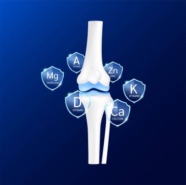 Bacak eklemi ön tarafta şeffaf cam kalkan D vitamini ve arka planda mineral kalsiyum magnezyum çinko var. Kemik iltihabı ve eklem iltihabı kıkırdağını korur. Vektör EPS10.