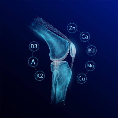 Bacak kemiği yarı saydam çokgen stili. Etrafı vitamin ve minerallerle çevrili. Kalsiyum çinko magnezyum. Mavi arka planda. Vektör.