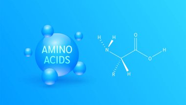 Mavi zemin üzerinde temel amino asit kompleksi ve nötr formda tipik bir yapının yapısı. Mineraller vücut ve kaslar için vitamin takviyesi yapar. Sancak vektörü.