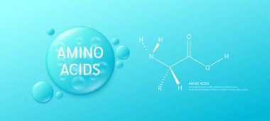 Mavi zemin üzerinde temel amino asit kompleksi ve nötr formda tipik bir yapının yapısı. Mineraller vücut ve kaslar için vitamin takviyesi yapar. Sancak vektörü.