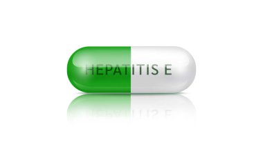 Tıbbi hap Hepatit E bulaşıcı hastalık. Kapsül ilacı yeşil ağrı kesici, beyaz arka planda izole edilmiş antibiyotik. Tıbbi ilaçlar ve tedavi konsepti. 3d gerçekçi vektör.
