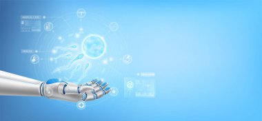 Sperm ve yumurta hücreleri robotların elinde uçar. Gelecekçi tıbbi sibernetik robot teknolojisi. Döllenme, üreme ve sağlık hizmetleri hamileliği. Metin için kopyalama alanı ile. Gerçekçi Vektör.