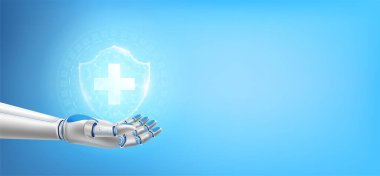 Sağlık kalkanı üçgeni parlıyor. Robot ellerin arasında süzül. Gelecekçi tıbbi sibernetik robot teknolojisi. Dokunulmazlık koruma yeniliği kavramı. Metin için kopyalama alanı ile. 3B Vektör.