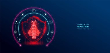 Tiroid bezi tıbbi sağlık hizmeti. İnsan tiroid bezi anatomisi organı yarı saydam düşük polyester üçgen kalkanın içinde koyu mavi arka planda fütürist kırmızı. Tıbbi yenilikleri koruma kavramı. Vektör.