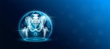 Pelvis eklemli insan organı şeffaf kubbe kalkanının içinde tıbbi bir ikonla fütüristik. Teknoloji yenilikçi sağlık hizmetleri. Metin için boş alan. Tıp bilimi reklamları web sitesi afişi. Vektör.