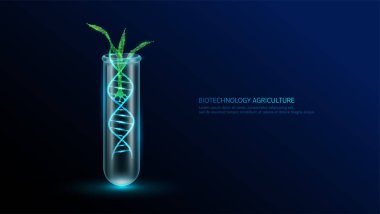 Yeşil tohumlu mısır DNA sarmal yapısı cam test tüpünde neon çokgen. Tarımsal tarım endüstrisinde biyoteknoloji. Bilimsel bitki gelişimi genetik deneyi. Vektör illüstrasyonu.