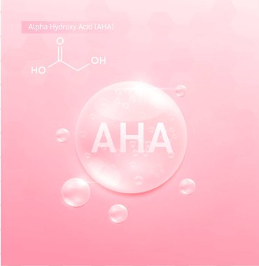 AHA Alfa Hidroksi asit çözeltisi pembe ve kimyasal yapı formülü. Kozmetik reklamları için serum cilt bakımı. Tıbbi güzellik bilimi. Vektör EPS10.