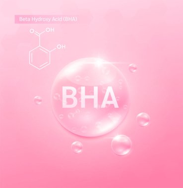 BHA Beta Hidroksi asit çözeltisi pembe ve kimyasal yapı formülü. Kozmetik reklamları için serum cilt bakımı. Tıbbi güzellik bilimi. Vektör EPS10.